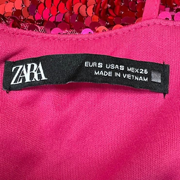 Zara Women's Pink Sequin Sparkly Sleeveless Square Neck Cami Mini Tank Dress S