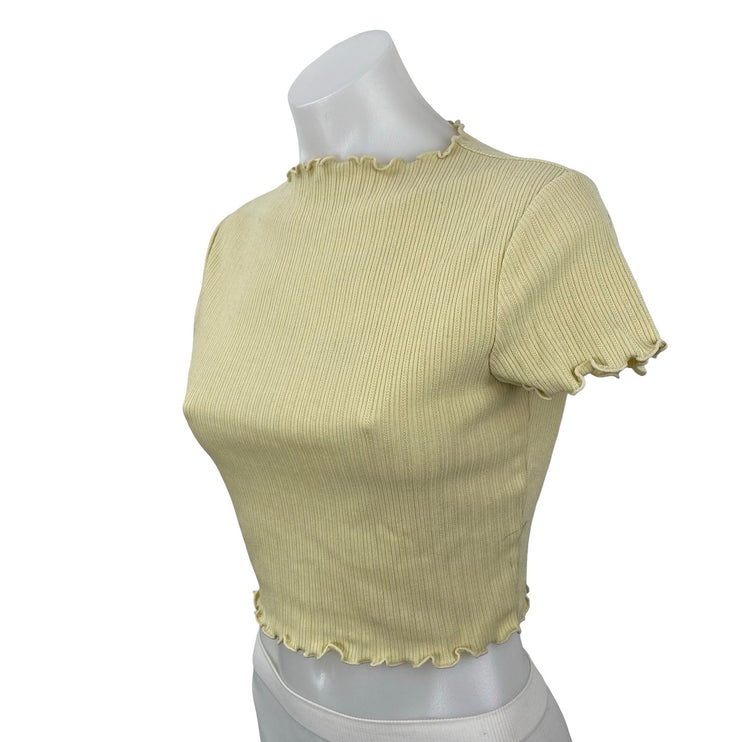Oak + Fort Yellow Ribbed Lettuce Trim Hem Short Sleeve Crop Tee T-Shirt Top XS