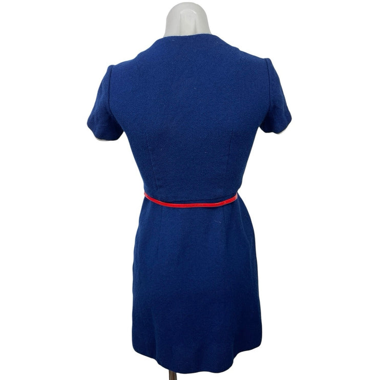 Vintage Lanz Blue Short Sleeve Double Breasted Retro Mini Sheath Dress Size M