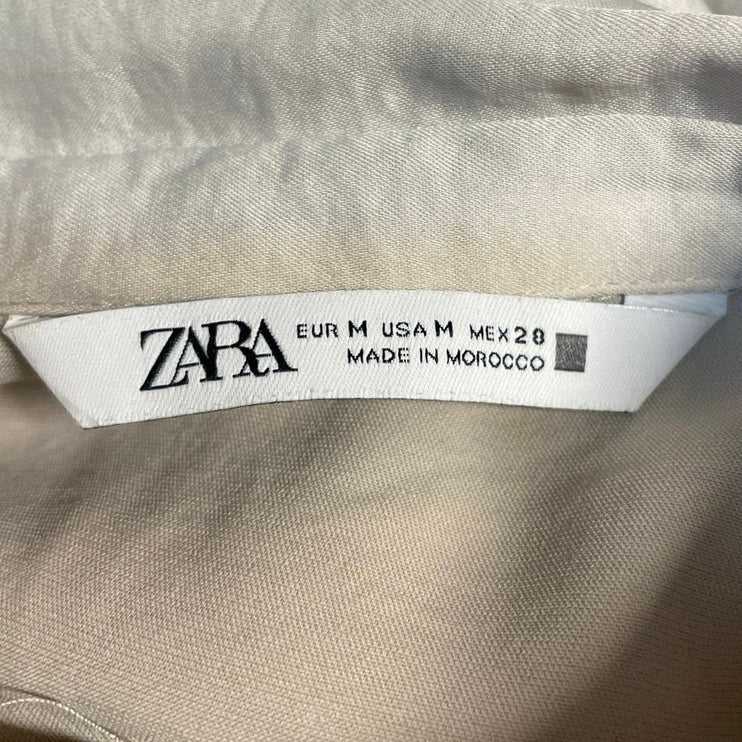 Zara Women's Cream White Long Sleeve Collared Pleated Button Down Shirt Top Sz M