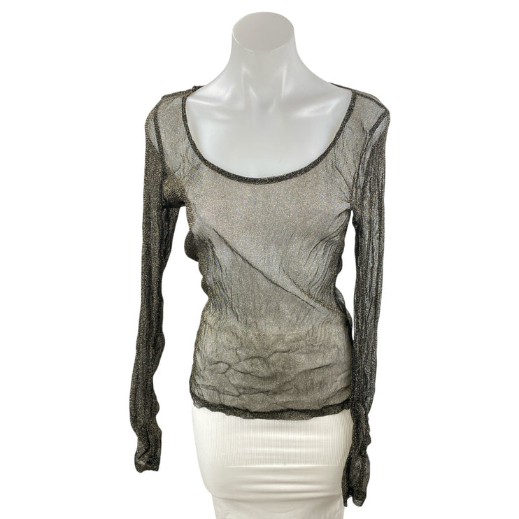 2lot & Delicious Black Mesh Sheer Skull Long Sleeve Scoop Neck Blouse Top Size L