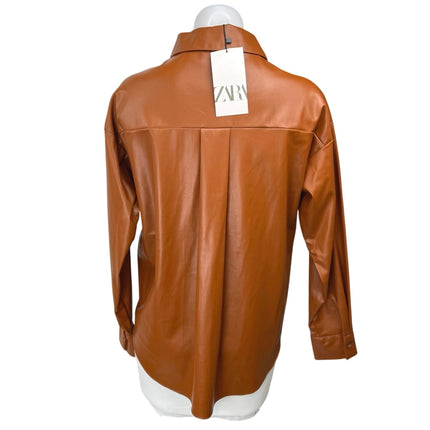 NEW Zara Brown Faux Vegan Leather Long Sleeve Button Down Shirt Jacket Top XS