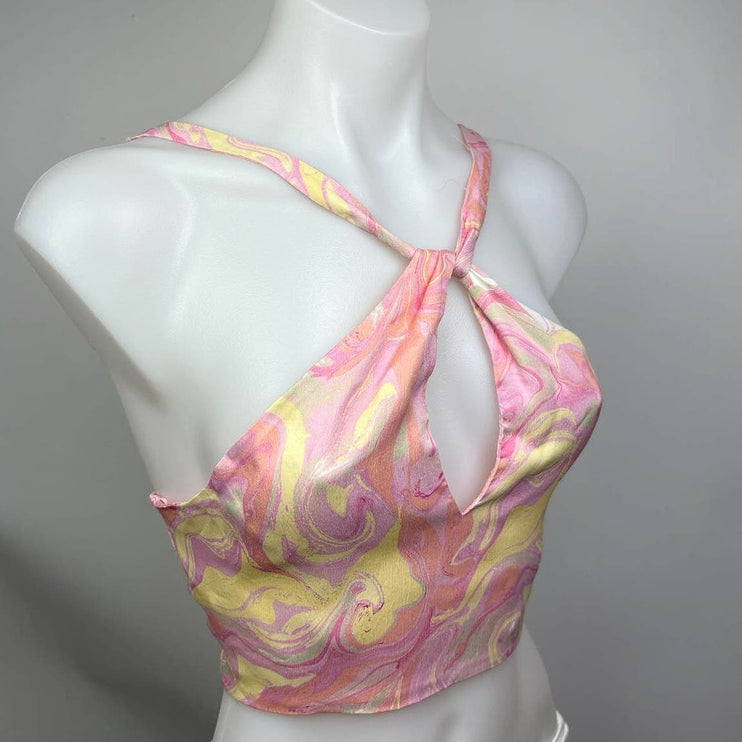 Zara Pink Yellow Satin Marble Tie Dye Open Tie Back Brami Cropped Tank Top Sz S