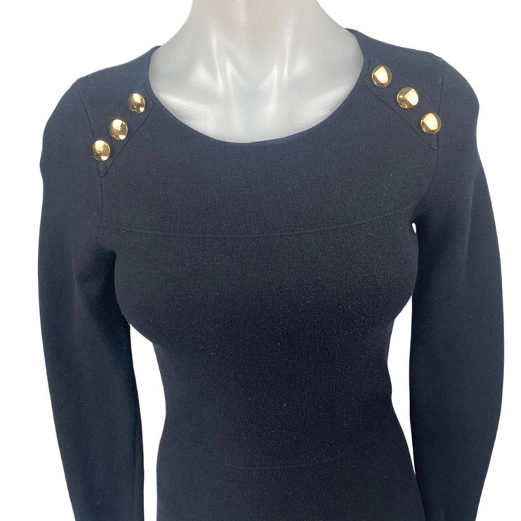 Zara Womens Black Gold Button Long Sleeve Knit Mini A Line Sweater Dress Size S