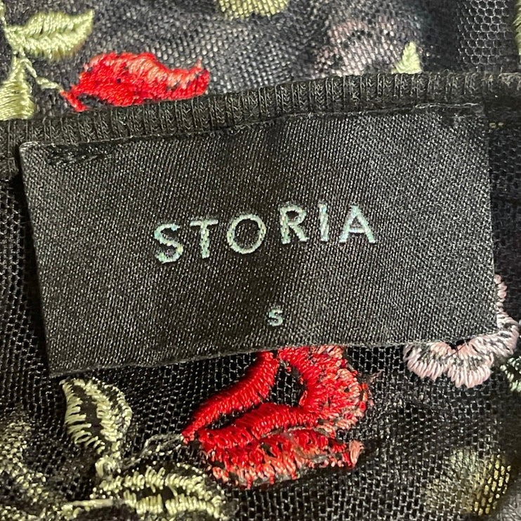 Storia Womens Black Lace Sheer Embroidered Floral Short Sleeve Crop Blouse Top S
