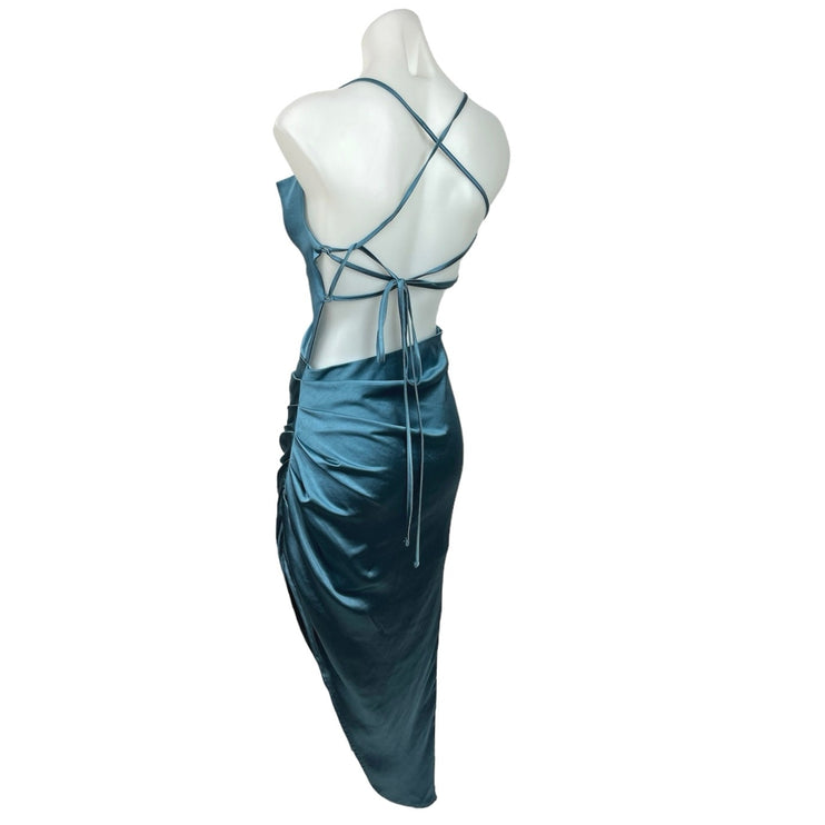 Club L London Blue Satin Cowl Neck Halter Strappy Asymmetric Maxi Dress Size 4