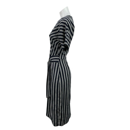 Warehouse Women's Black White Stripe Short Sleeve Belted Midi Sheath Dress Sz 8