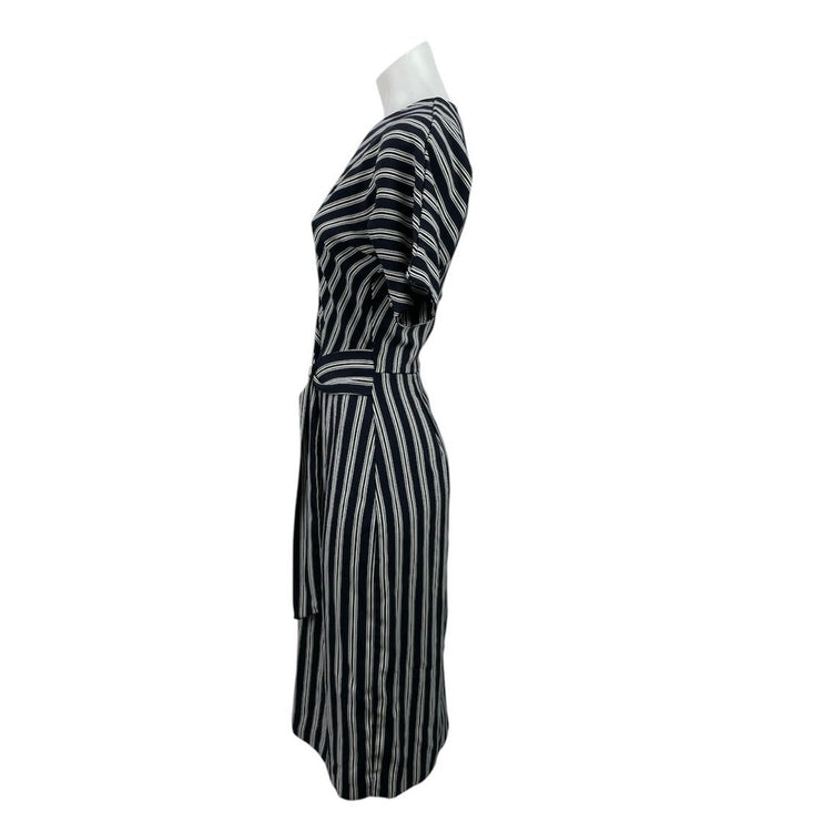 Warehouse Women's Black White Stripe Short Sleeve Belted Midi Sheath Dress Sz 8