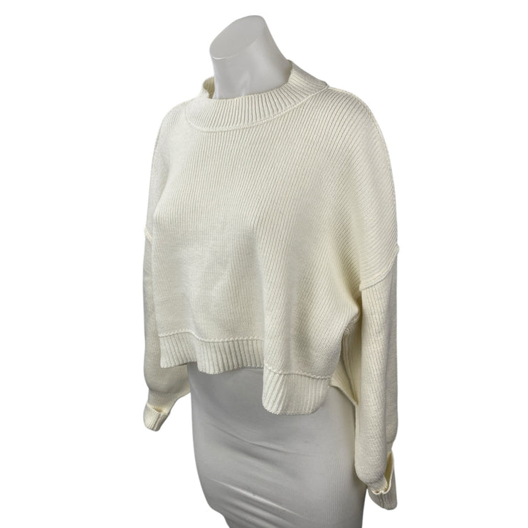 Free People Women's White Cream Ribbed Knit Mock Neck Cropped Sweater Top Sz XS