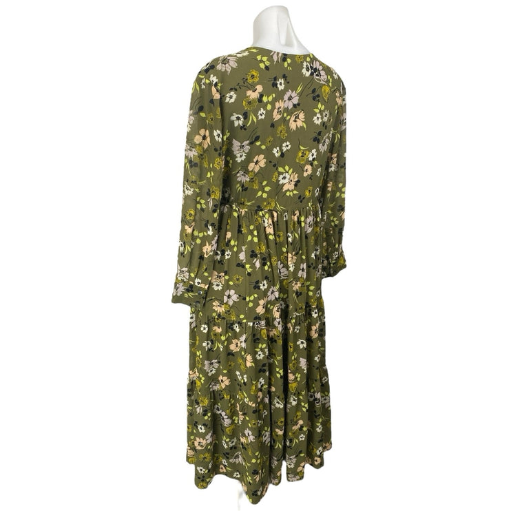 Madewell Olive Green Floral Long Sleeve V Neck Faux Wrap Tiered Midi Dress Sz S