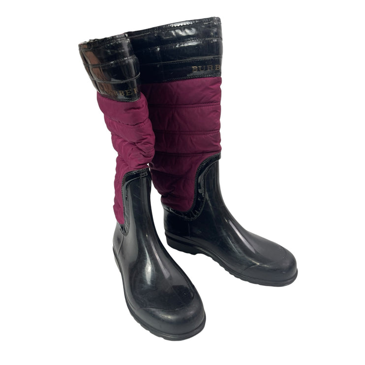 Burberry Pink Black Quilted Slip On Round Toe Knee High Snow Rain Boots Size 7.5