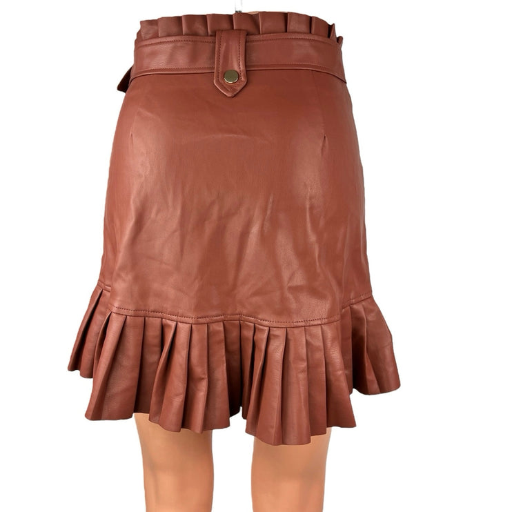 Zara Brown Faux Vegan Leather Belted Pleated Straight A-Line Mini Skirt Size XS