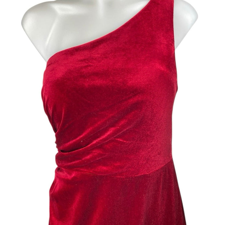 Azazie Red Velvet Velour One Shoulder Sleeveless Maxi Formal A-line Dress Sz 10