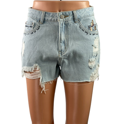Ledin Love Blue Distressed Embroidered High Rise Cut Off Denim Jeans Shorts M
