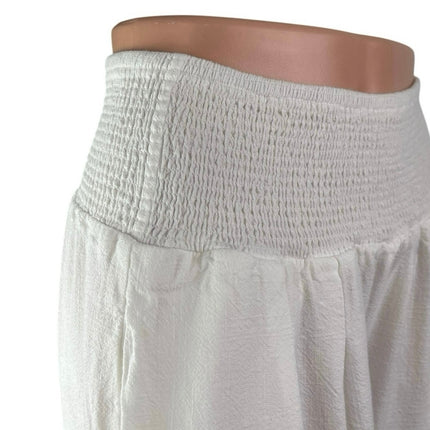 Women's White Smocked High Waisted Boho Wide Leg Baggy Trousers Pants Size L