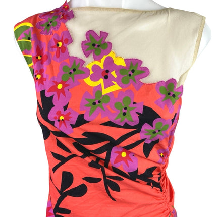 Alberta Ferretti Multicolor Floral Sleeveless Ruched Midi Tank Sheath Dress Sz 4