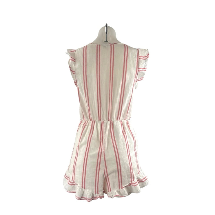 BCBGeneration White Pink Stripe Cap Sleeve Deep V Neck Ruffle Romper Jumpsuit S