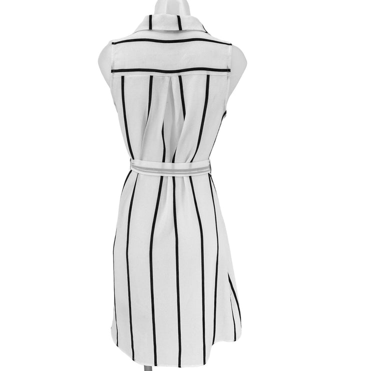 Blashe White Striped Sleeveless Collared V Neck Tie Waist Mini Wrap Dress Size S