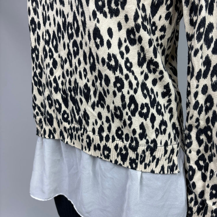 DKNY NWOT Black White Leopard Print Layered Long Sleeve Collar Sweater Top Sz L