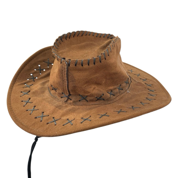Women's Tan Brown Cowboy Western Stitched Strap Faux Suede Riding Hat One Size