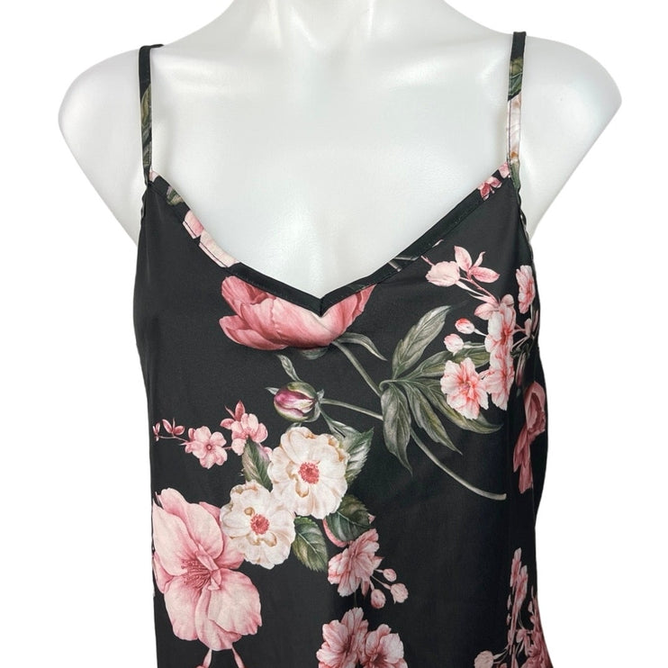 Boohoo Satin Women's Black Floral Print Sleeveless Summer A-Line Midi Dress 12