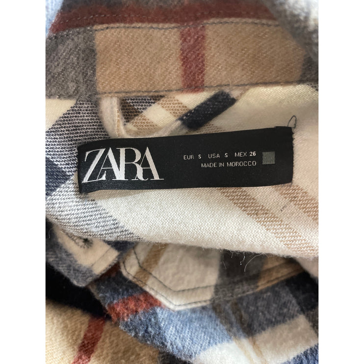 Zara Brown Wool Plaid Check Collared Long Sleeve Button Down Shirt Coat Jacket S