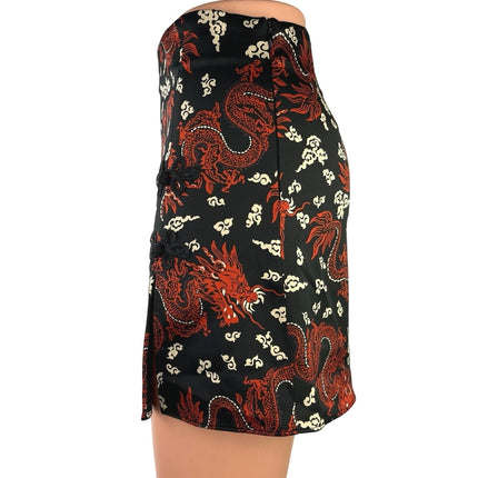 ZARA Women's Multi Chinese Dragon Print Silky Satin Slip Straight Mini Skirt XS