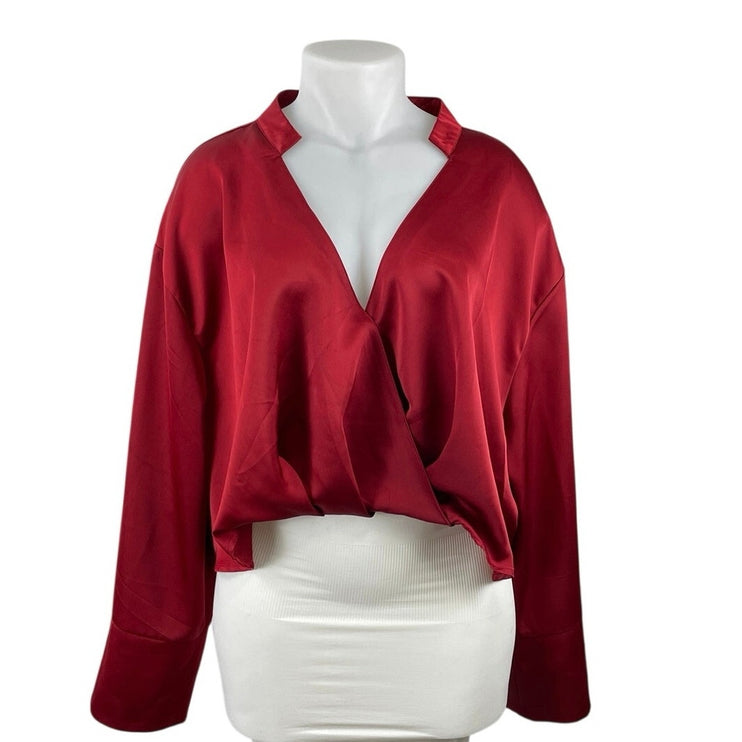 NEW Eloquii Women's Red Satin Silk Long Sleeve Deep V Neck Blouse Top Size 28