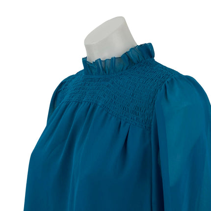 Ann Taylor Women's Blue Mock Neck Smocked Ruffle Long Sleeve Blouse Top Size XSP