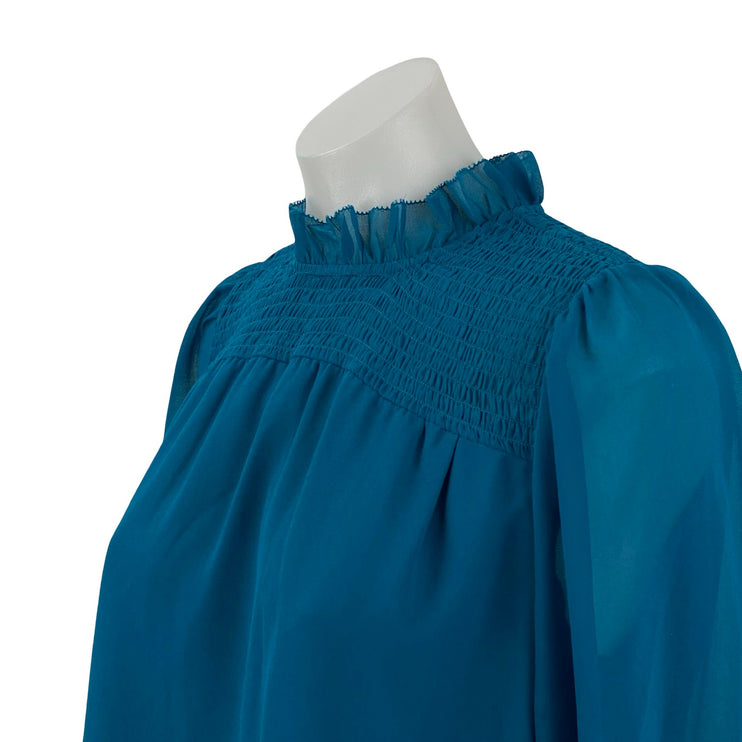 Ann Taylor Women's Blue Mock Neck Smocked Ruffle Long Sleeve Blouse Top Size XSP