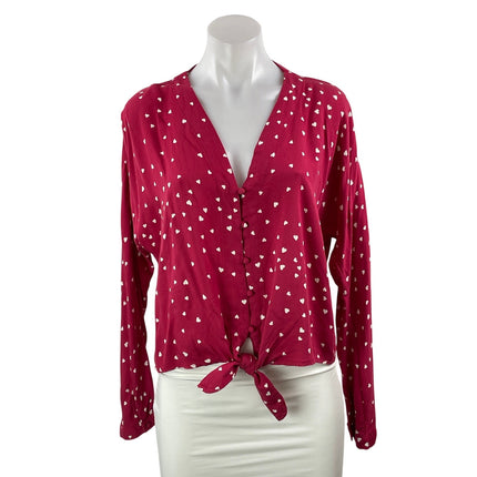 Rails Women's Red Hearts Long Sleeve Button Down V Neck Tie Blouse Top Size S