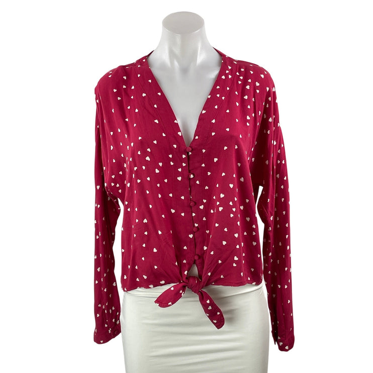 Rails Women's Red Hearts Long Sleeve Button Down V Neck Tie Blouse Top Size S