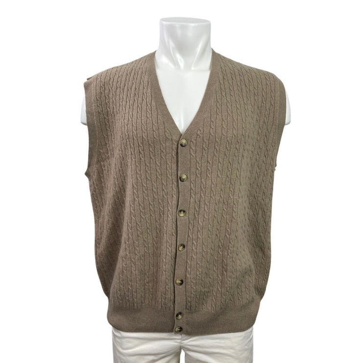 Jos A Bank 100%Cashmere Brown Cable Knit Button Down Cardigan Vest Tank Top XL
