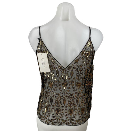NEW Edyisa Cristina Embellished Women's Gold Sequin Sheer Mesh Cami Tank Top S/M