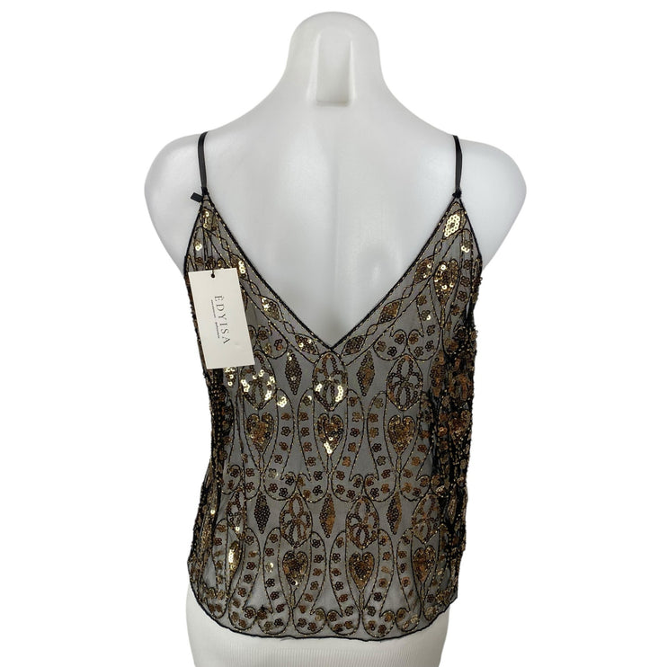NEW Edyisa Cristina Embellished Women's Gold Sequin Sheer Mesh Cami Tank Top S/M