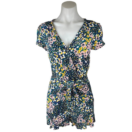 LOFT Multicolor Floral Print Faux Wrap Short Sleeve Tie Waist Romper Jumpsuit XS