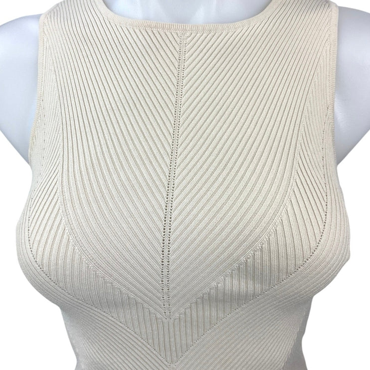 Zara Cream White Ribbed Crew Neck Sleeveless Stretch Slim Casual Tank Top Size S