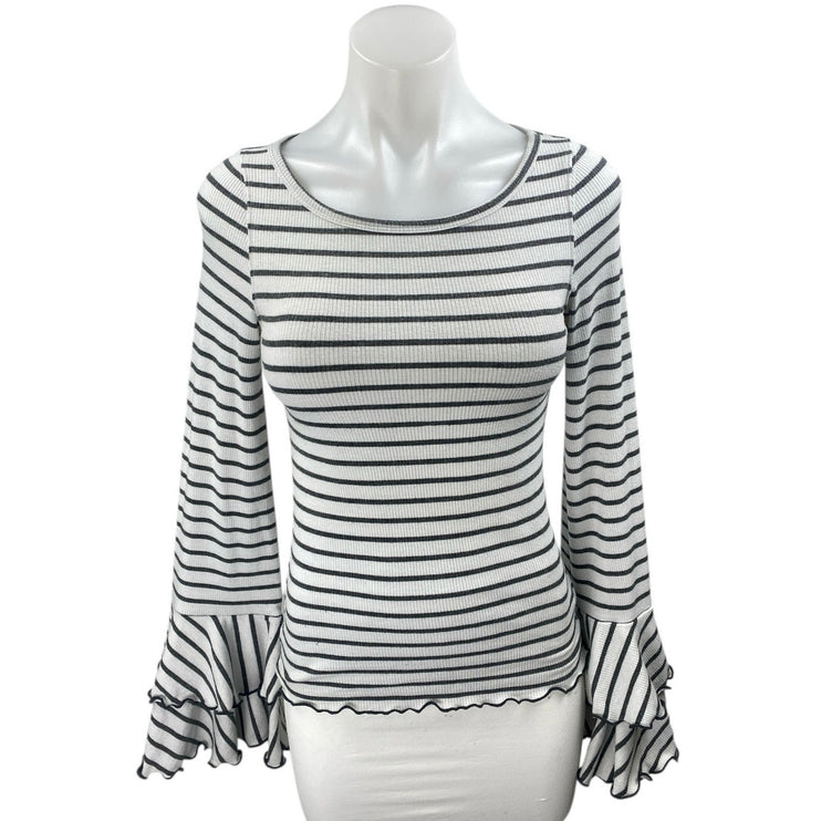 Free People Good Find White Black Striped Ruffle Long Bell Sleeve Sweater Top XS