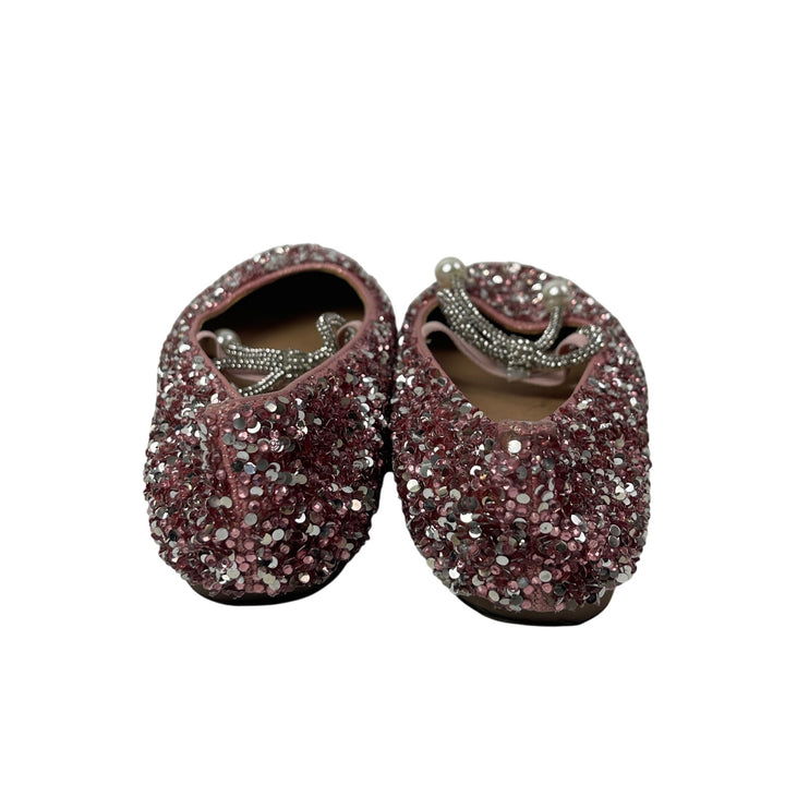Kids Girls Pink Rhinestone Bow Glitter Beaded Round Toe Ballet Flat Shoes 33/1.5
