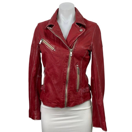 Mauritius Women's Red 100% Leather Full Zip Moto Biker Coat Jacket Size XS