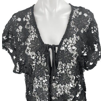 Xhilaration Women's Black Floral Lace Sheer Tie Front Swim Beach Coverup Top S