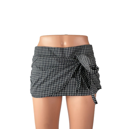 NEW Lioness Kensington Black Plaid Tie Wrap Low Waist Mini Skort Skirt Short XS