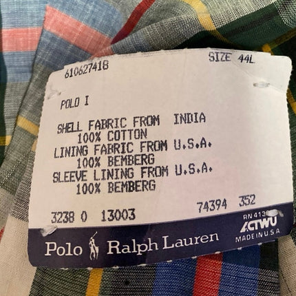 VTG 1986 Polo Ralph Lauren Men's Multicolor Plaid Check Blazer Suit Jacket 44L