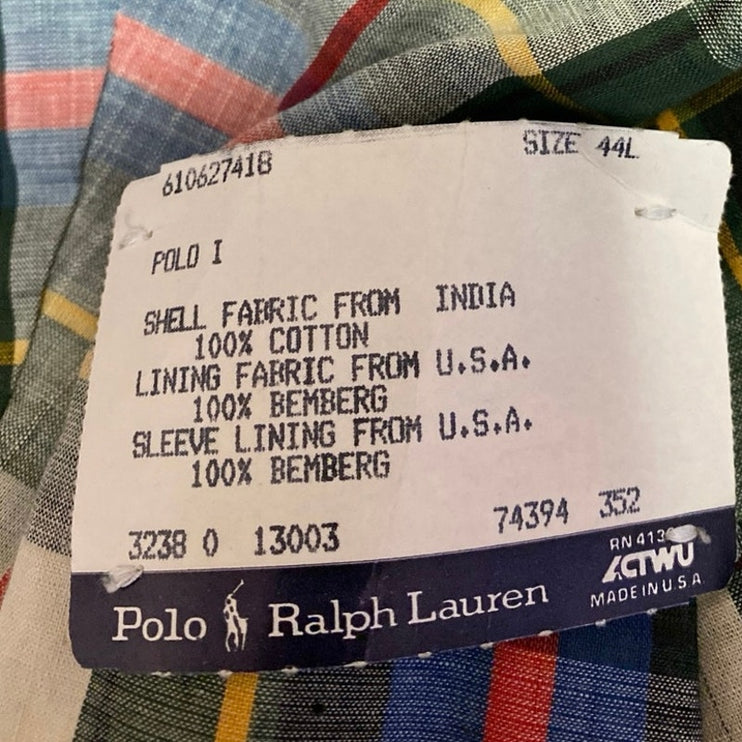 VTG 1986 Polo Ralph Lauren Men's Multicolor Plaid Check Blazer Suit Jacket 44L