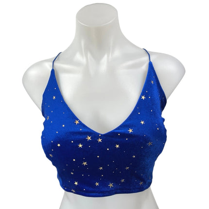 Women's Blue Gold Star Velvet Velour Strappy Crisscross Deep V Crop Top Size M