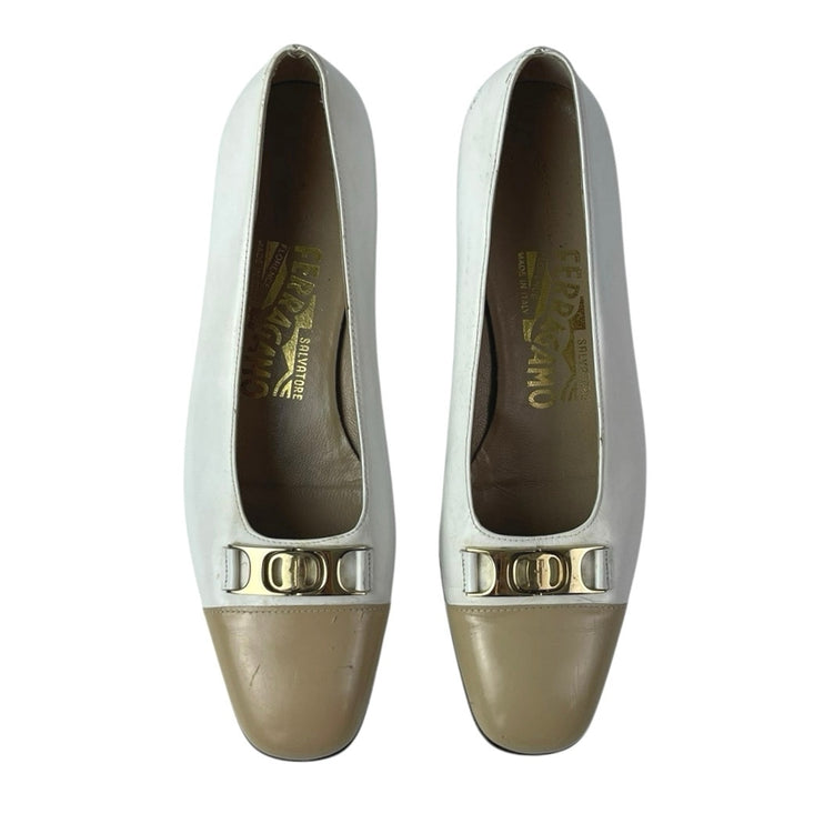 Salvatore Ferragamo White Color Block Leather Block Heels Slip On Pump Shoes 5.5