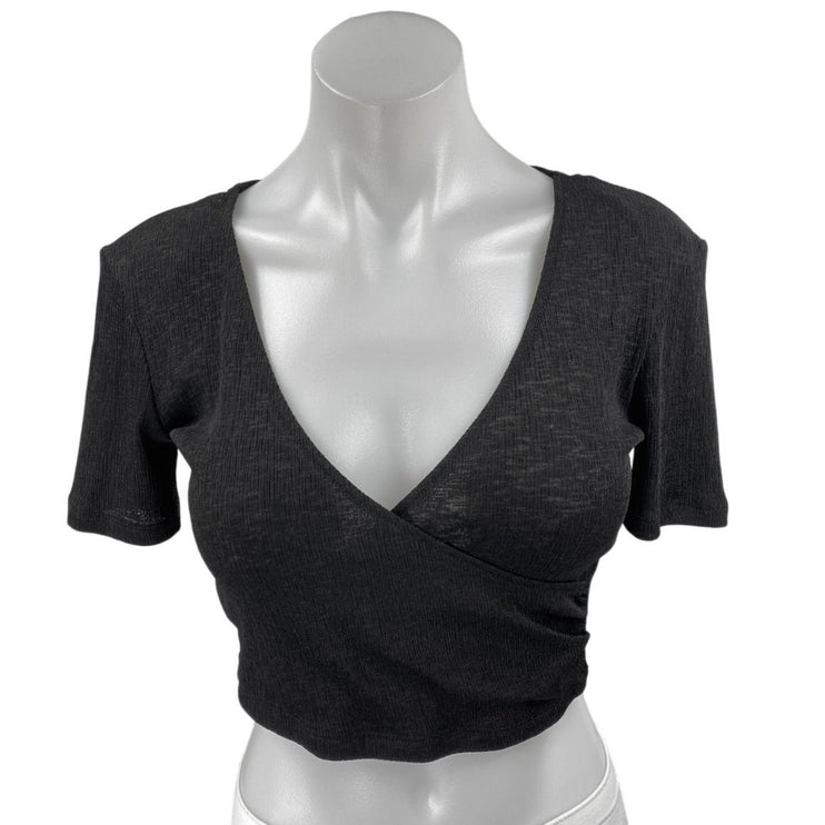 Zara Black Short Sleeve Deep V-Neck Faux Wrap T Shirt Blouse Crop Top Size S
