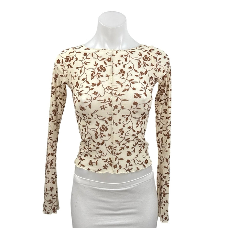 Motel Womens Cream Brown Flock Detail Floral Mesh Long Sleeve Crop Shirt Top XXS