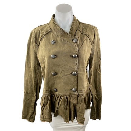 Free People Women's Olive Green Ruffle Long Sleeve Army Military Coat Jacket M