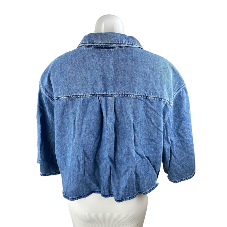 COS Blue Oversized Collared Half Sleeve Button Up Crop Denim Shirt Blouse Top 14